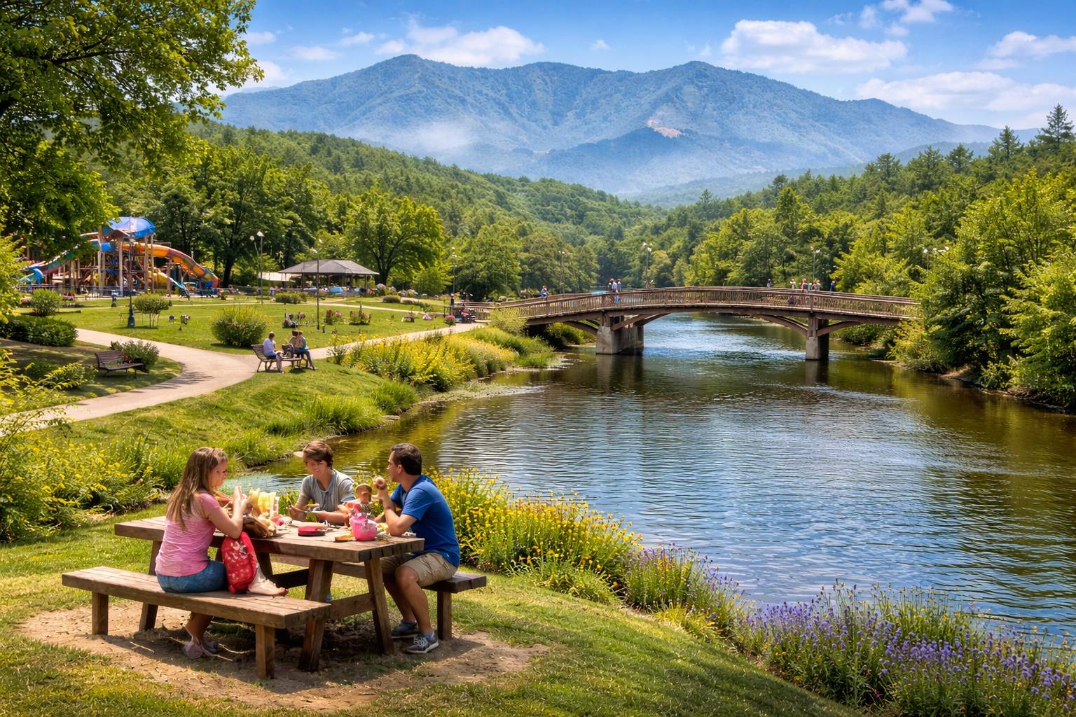 Sevierville City Park along Little Pigeon River with picnic areas, walking trails, and family fun