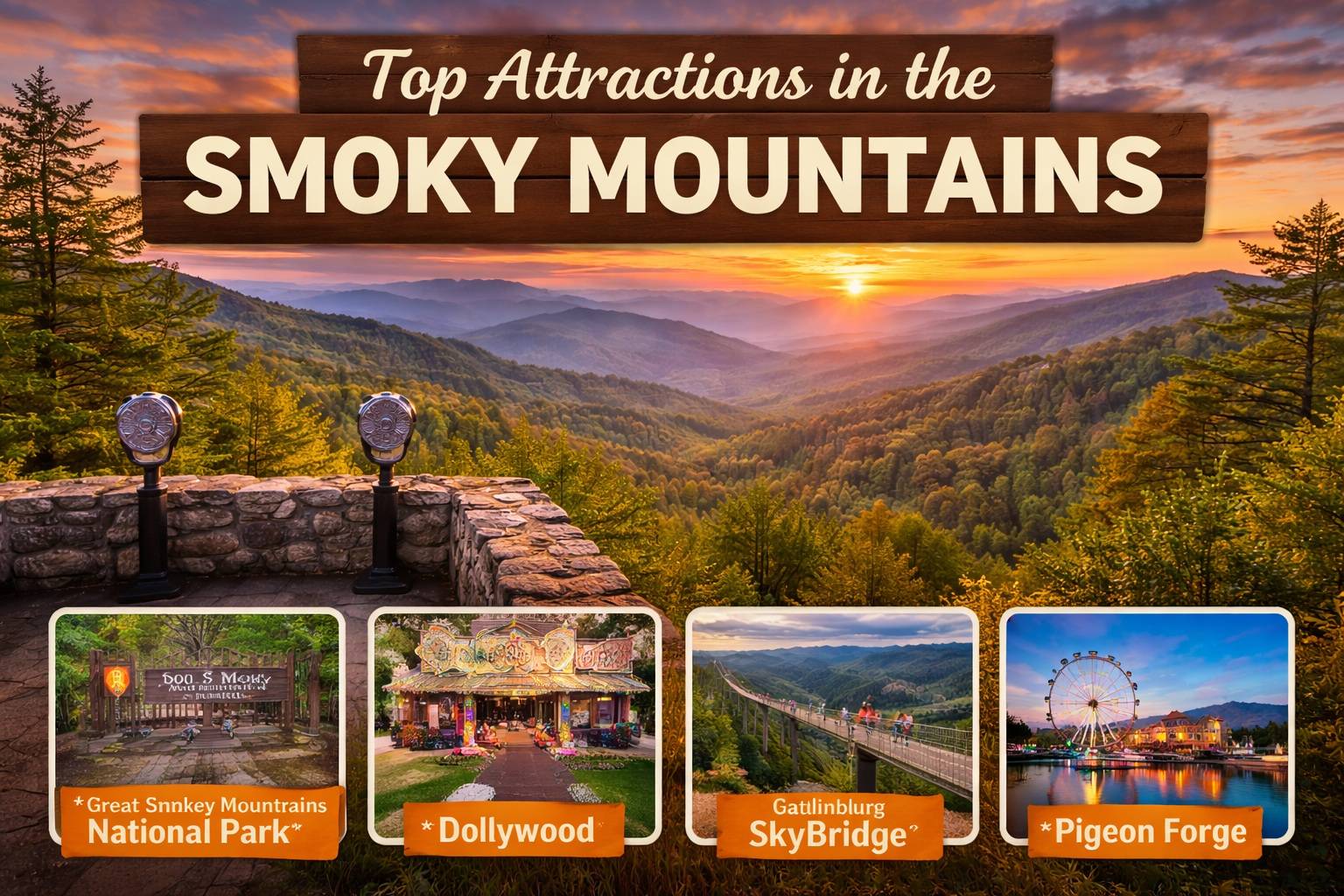 Top attractions near Sevierville TN including Great Smoky Mountains National Park, Dollywood and Gatlinburg SkyBridge