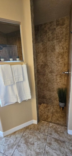 The primary bathroom also features a spacious walk-in shower with seat.