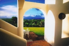 Patio and backyard overlooking Sierra Madre Mountains.
