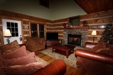 Cozy living area surrounding hand-stacked stoned fireplace and 65