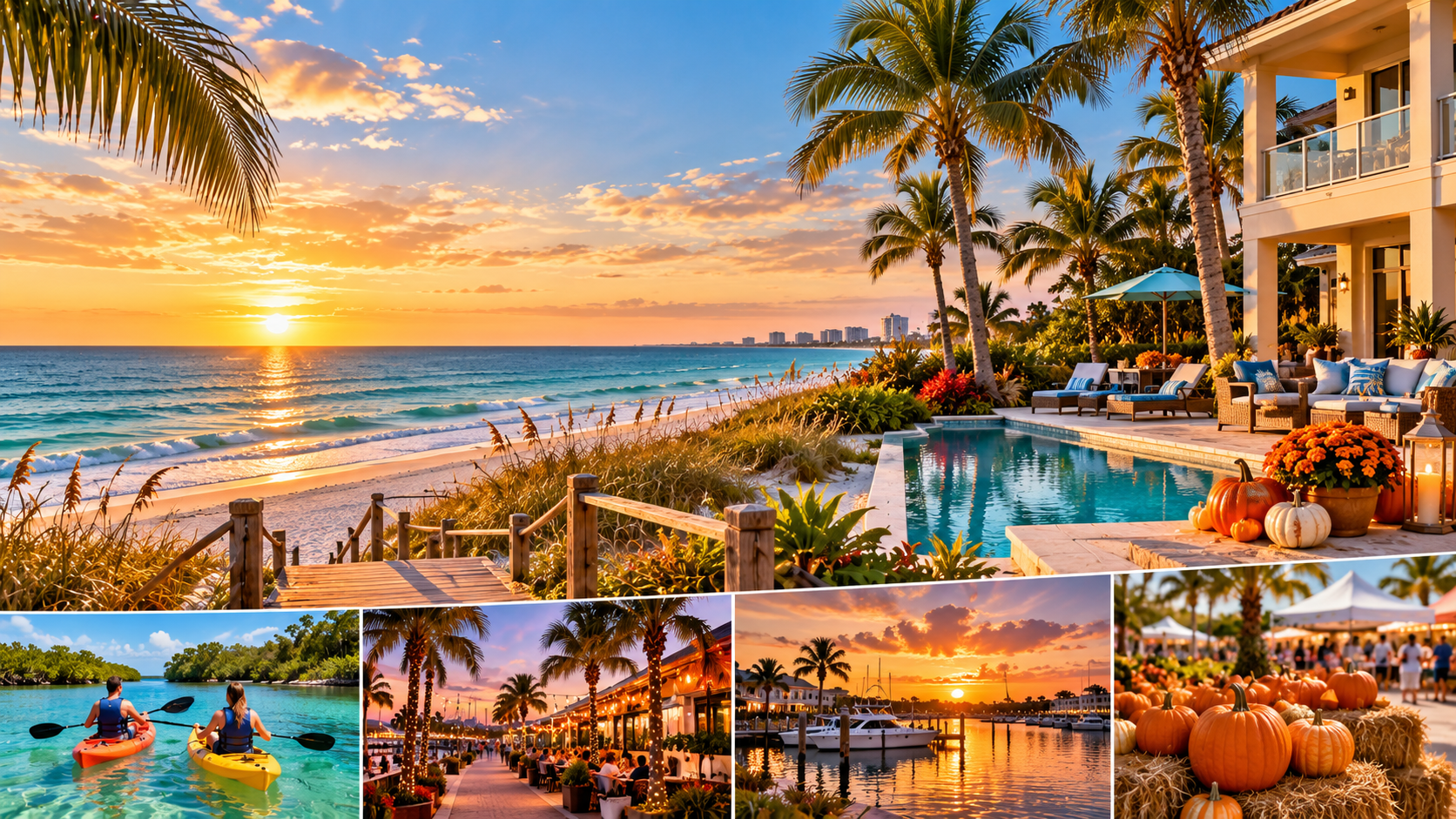 Best fall vacation destinations in Florida with beach, vacation home and tropical sunset