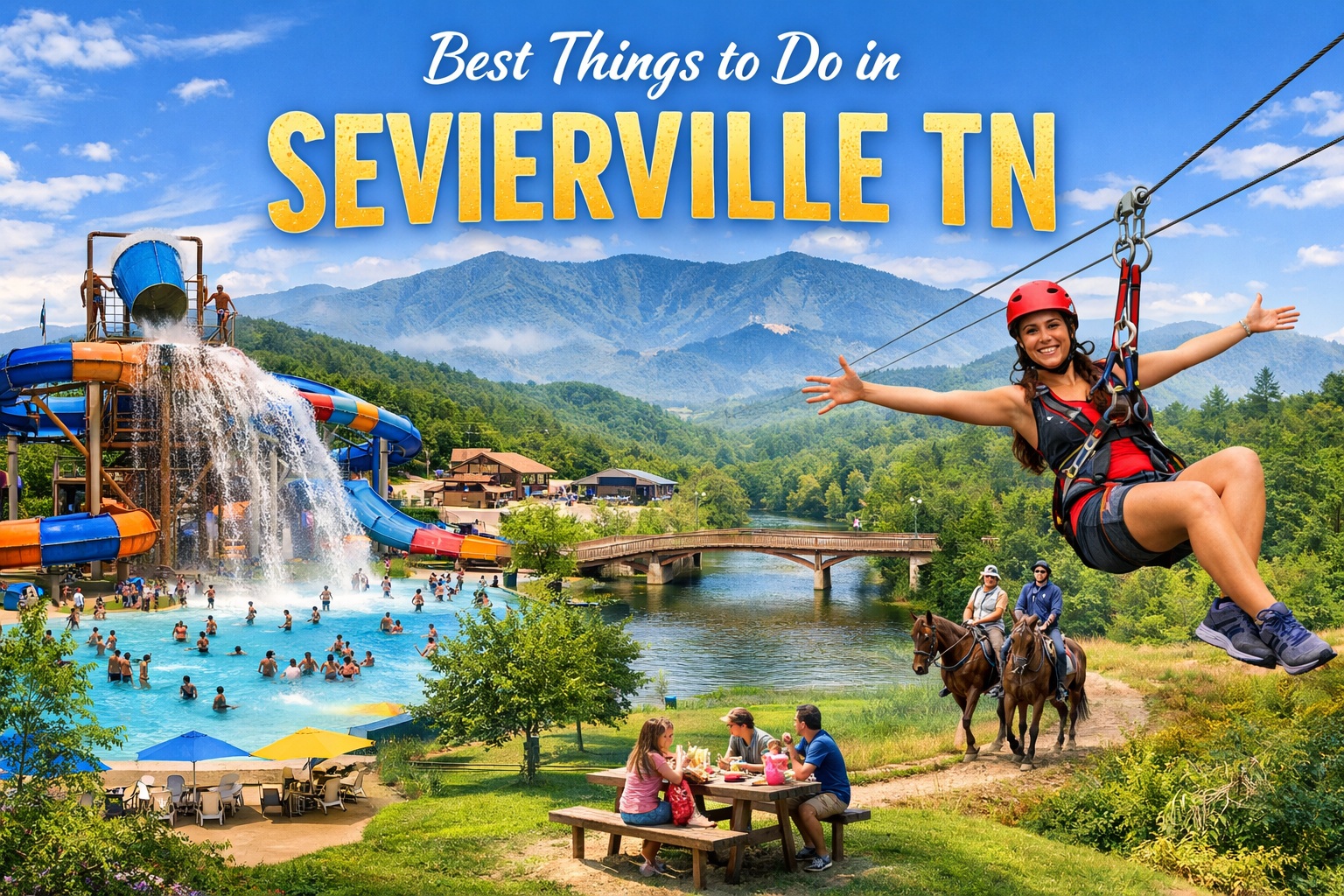 Best things to do in Sevierville TN including Soaky Mountain Waterpark, Sevierville City Park, and Adventure Park at Five Oaks