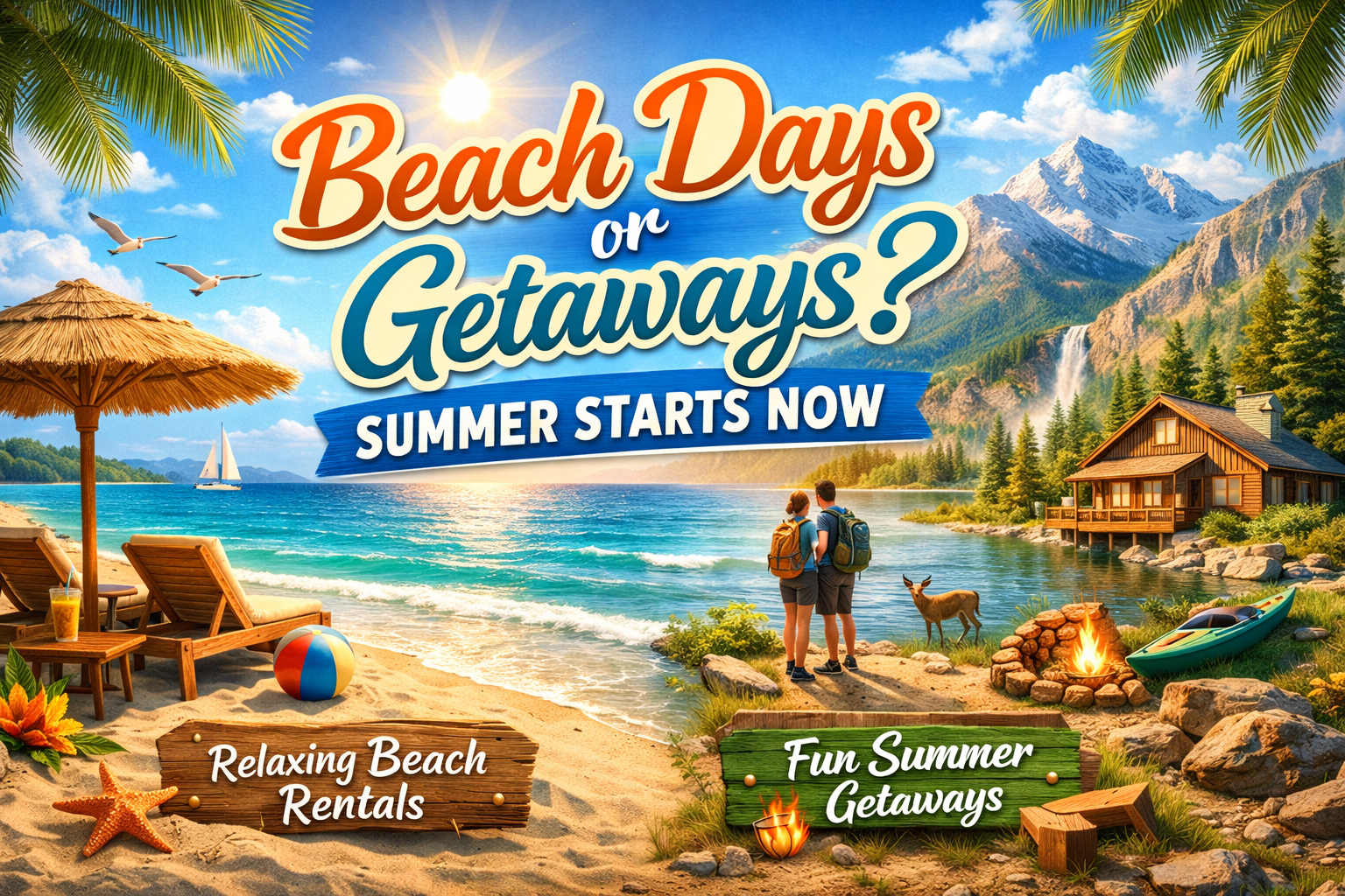 Beach vs mountain summer vacation concept showing beachfront rental and lake cabin getaway for summer vacation rentals 2026