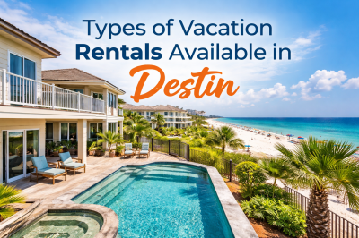 Types of vacation rentals available in Destin including beachfront condos, vacation homes, and rent by owner properties