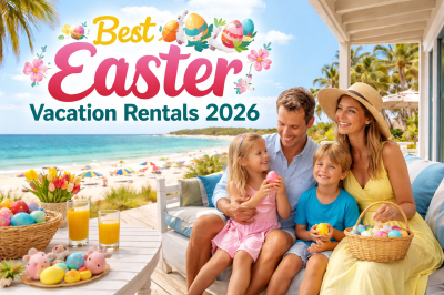Family enjoying beachfront Easter vacation rental with ocean view and spring holiday atmosphere