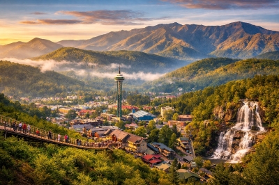 Scenic view of Gatlinburg Tennessee with the Smoky Mountains skyline and popular attractions near Great Smoky Mountains National Park