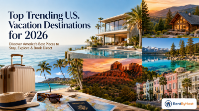 Top trending U.S. vacation destinations for 2026 featuring beaches, mountain cabins, and vacation rentals