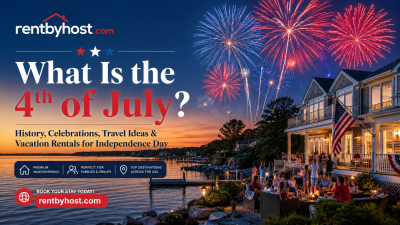 Fourth of July fireworks over a waterfront vacation rental with families celebrating Independence Day at sunset.