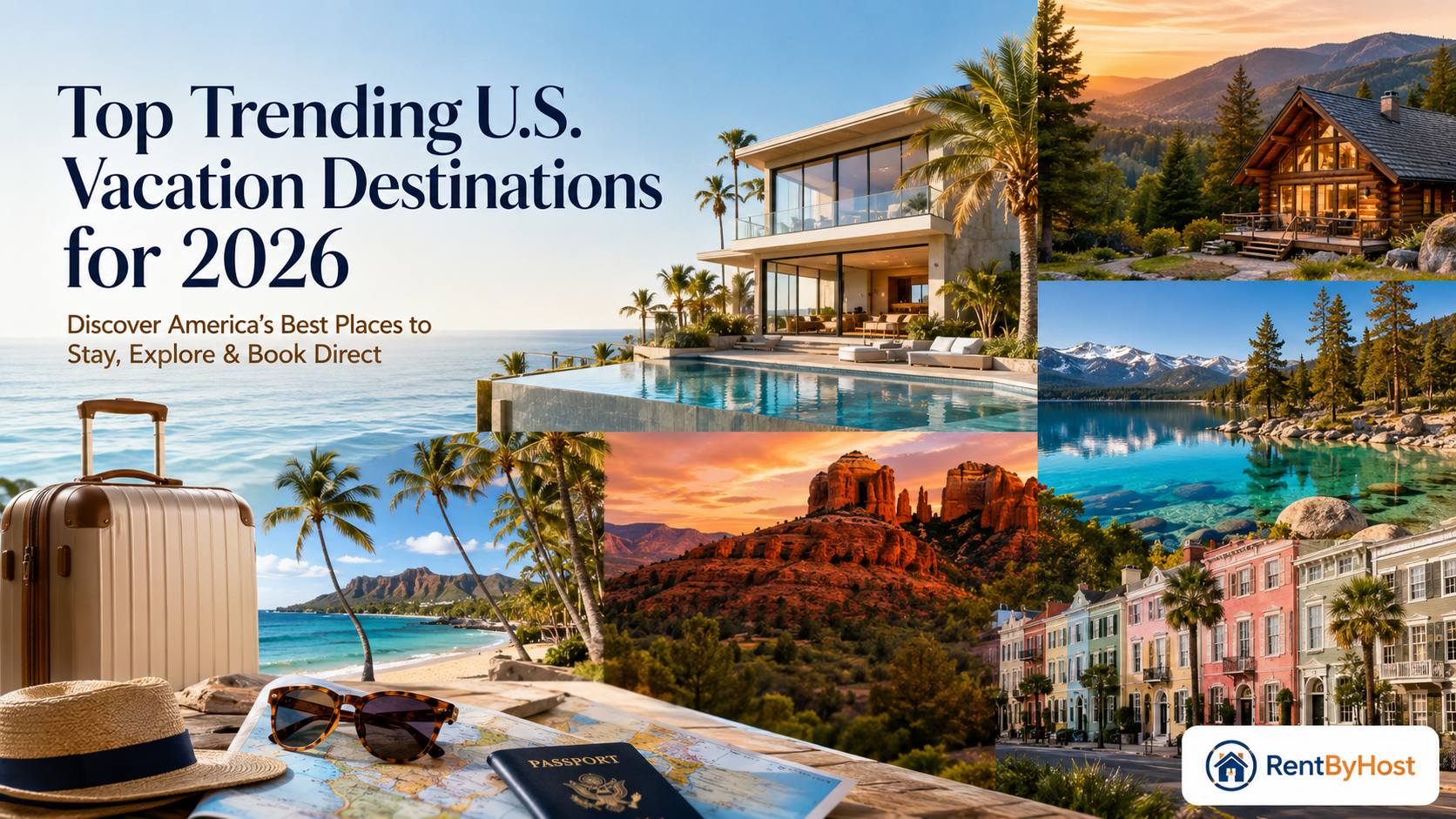 Top trending U.S. vacation destinations for 2026 featuring beaches, mountain cabins, and vacation rentals