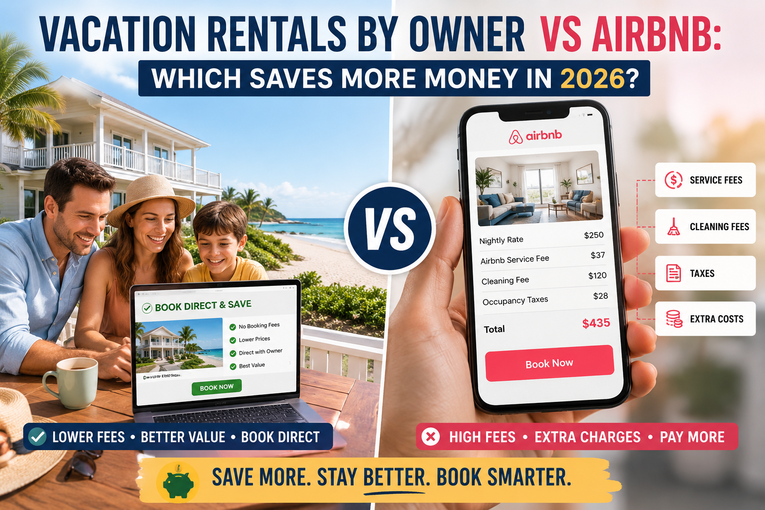 Family comparing vacation rentals by owner and Airbnb to save money on a beach vacation in 2026