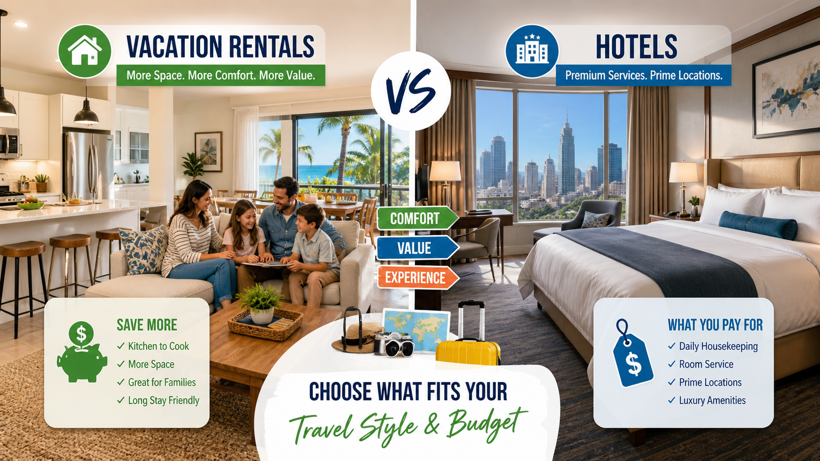 Vacation rentals vs hotels cost comparison showing which option saves more money for travelers