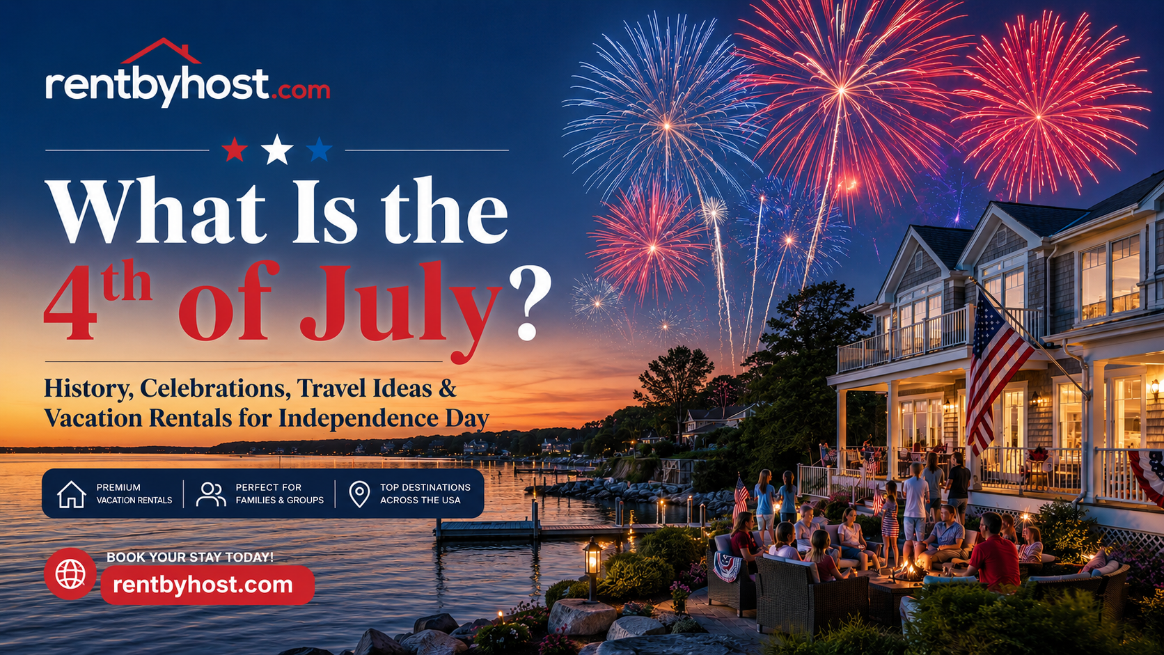 Fourth of July fireworks over a waterfront vacation rental with families celebrating Independence Day at sunset.